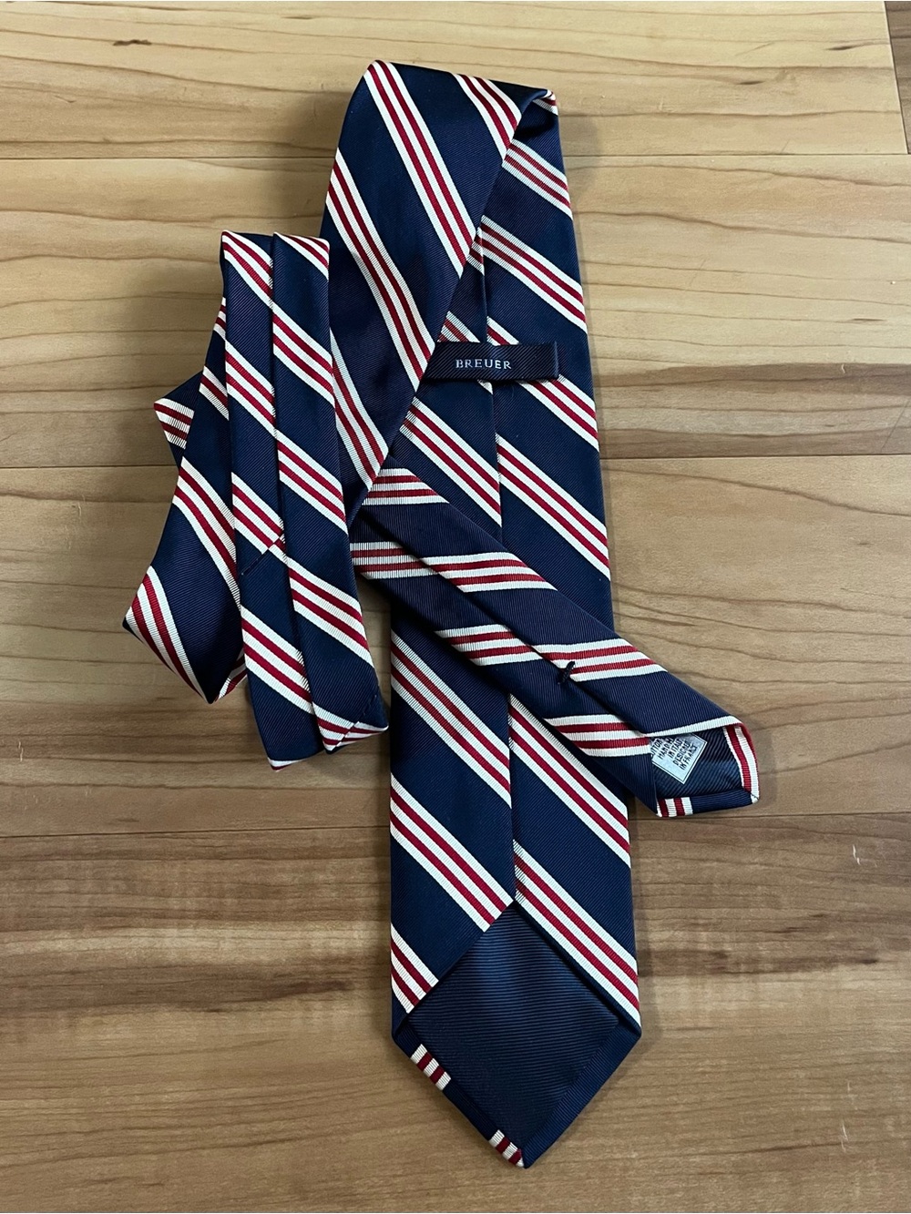 Breuer Men’s Navy Red White Striped Tie Handmade in Italy - Picture 7 of 8
